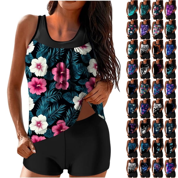 WNYEIME Tankini Swimsuits for Women with Shorts Athletic Two Piece Bathing Suits Vintage Floral Printed Mesh Patchwork Ruched Racerback Tank Tops Swimwear Multicolor#22 S