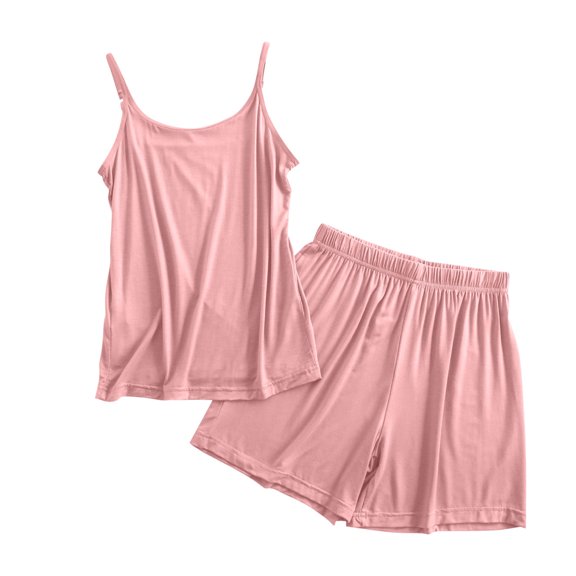 Hrsba Women's Pajama Set 2 Piece Solid Color Fabric Loose Spaghetti Strap with 5/8 Length Pants Sleepwear