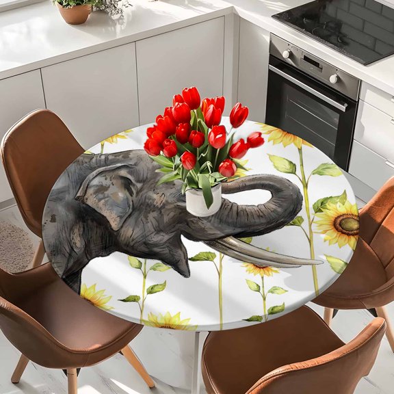 Spring Watercolor Elastic Fitted Round Tablecloth Sunflowers Elephant Waterproof Outdoor Table Cover for Holiday Party, Picnic, Patio & Dining Fits Tables Up to 55"-60"
