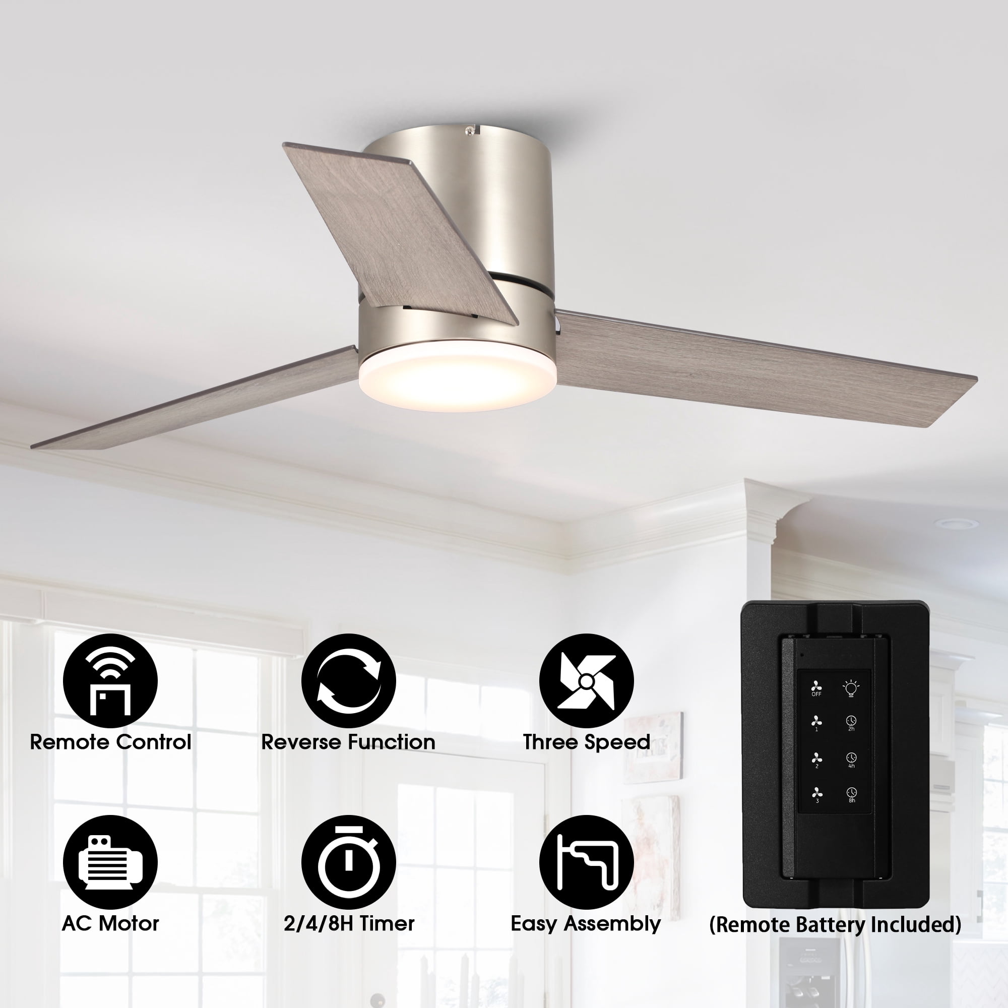 Parrot Uncle 48-Inch Brushed Nickel Dimmable Reversible LED Ceiling Fan with Light and Remote Control