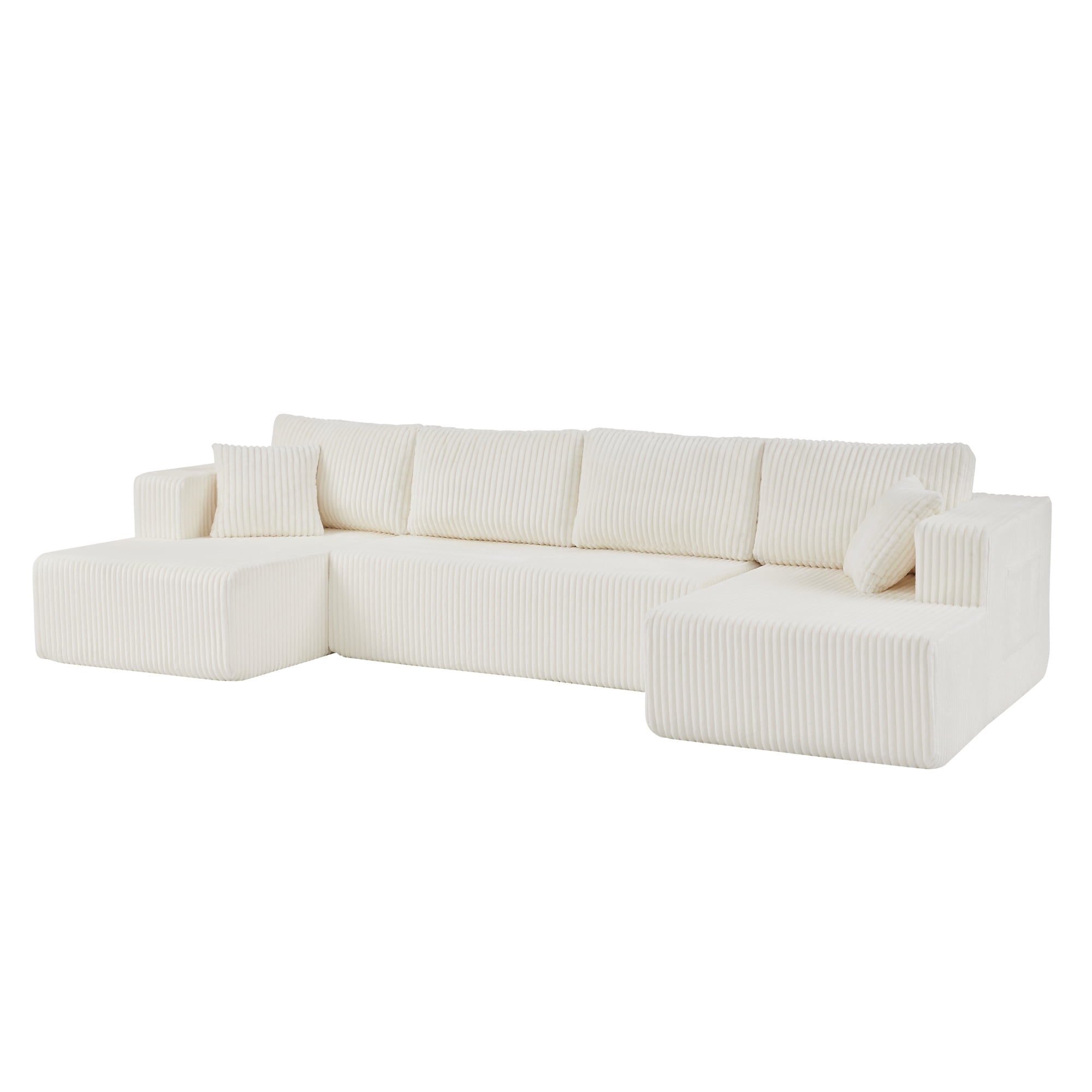 Leumius 132" U Shaped Modular Sectional Sofa,Modern Minimalist Corduroy Boneless Cloud Sofa with Double Chaise,Memory Foam Sectional Couch with Deep Seat for Living Room, No Assembly Required,Beige