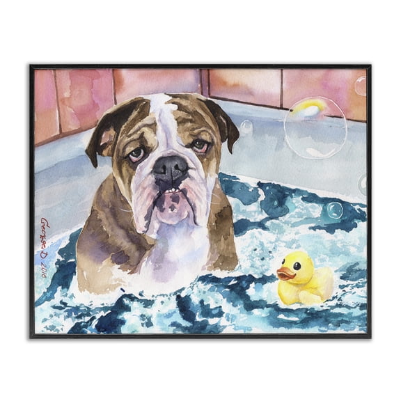 Stupell Industries Farmhouse English Bulldog In Bathtub Rubber Duck Bubbles Black Framed Giclee Art, 14 x 11, by George Dyachenko