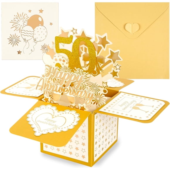 50th Golden Wedding Anniversary Cards 3D Gold Happy Anniversary Pop Up Card with Envelope for Women Men Wife Husband Couples Parents | Milestone Wedding Anniversary Card Celebrating 50 Year Marriage