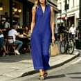 thumbnail image 3 of Capri Jumpsuits for Women Zipper Front Sleeveless Casual Rompers Wide Leg Collared One Piece Jumpsuit Blue, 2XL, 3 of 6