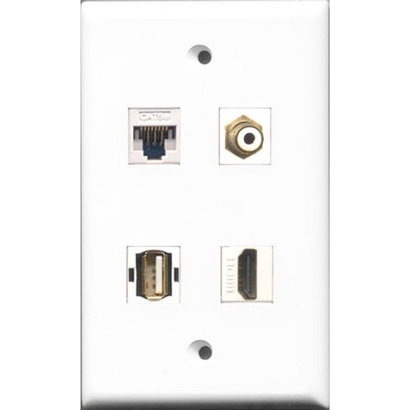 RiteAV 1 Port HDMI and 1 Port RCA White and 1 Port USB A-A and 1 Port Cat5e Ethernet White Wall Plate