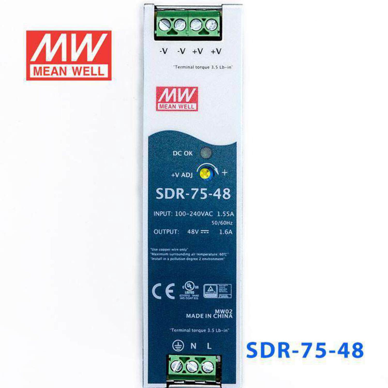 Mean Well SDR-75-48 Single Output Industrial Power Supply 75W 48V - DIN Rail
