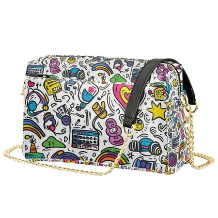 FORMRS Women Crossbody Purse with Chain Strap Vegan Leather Shoulder Handbag, White Doodle Pattern