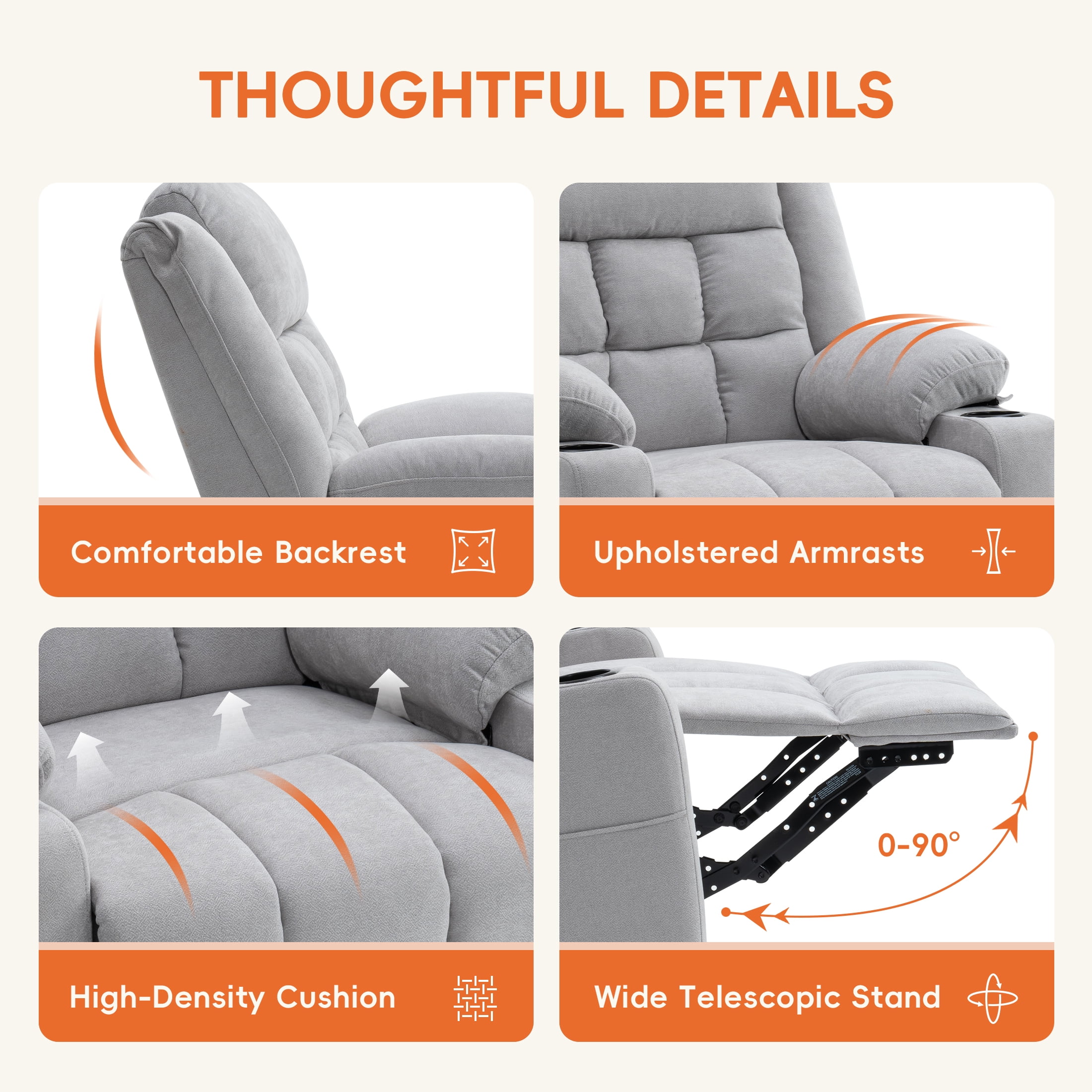 Sfxingyou  Power Swivel Rocker Recliner Massage Chair, USB and Type-C Ports, Electric Recliner Glider Reading Chairs Living Room, Upholstered Soft Fabric Reclining Sofa Chair,Grey