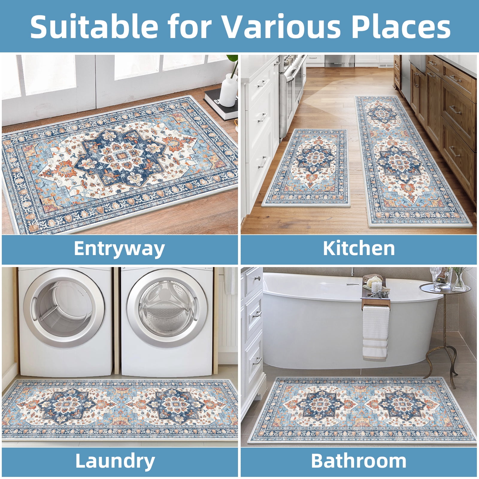 Findosom 2pcs Kitchen Rugs, Washable Boho Farmhouse Kitchen Mats for Floor, Non Slip Thick Indoor Kitchen Floor Mat Carpet Runner Rugs for Entryway Hallway Laundry Home Decor 20"x32"+20"x47" Blue