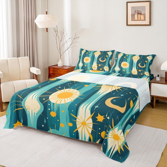 Homewish Teens Abstract Geometric 3pcs Twin Sheet Sets,Teal Yellow Twin Fitted Sheet,Minimalist Mid Century Breathable Flat Sheet,Super Cozy Room Decor