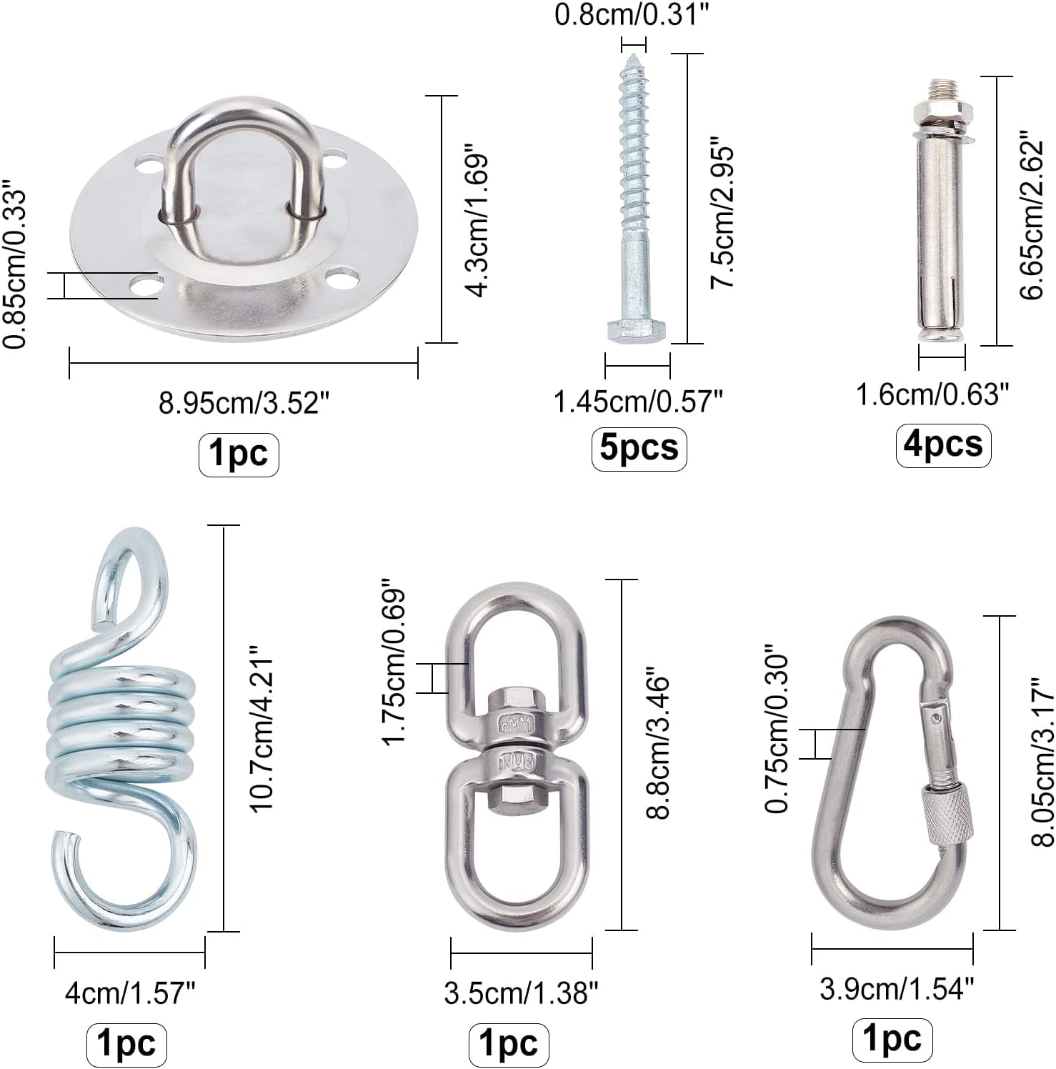 1 Set Heavy Duty Swing Hangers Set 304 Stainless Steel Swing Hardware Hooks Yoga Hooks 360° Rotate with Spring Clasps and Screws for Concrete Wooden Sets Playground Porch Seat Trapeze Yoga Hammock