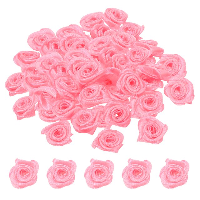 Unique Bargains Mini Satin Ribbon Roses Tiny Fabric Flowers Embellishments Rosettes Applique Pink 50 Pcs