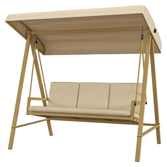 Triple Swing Bench with Canopy - 3 Person Patio Swing, Sand Beige - Outdoor Garden Swing with Cushions & Adjustable Shade