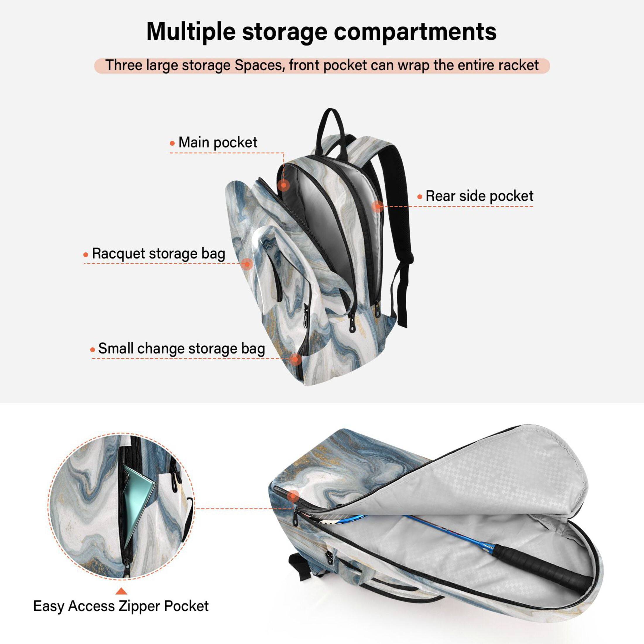 2 Racquet Holder Tennis Backpack Tennis Racket Covers Gym Bags Gray Marble