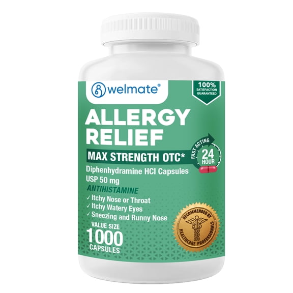 WELMATE Antihistamine Allergy Relief, Diphenhydramine HCL 50mg - 1000 Capsules