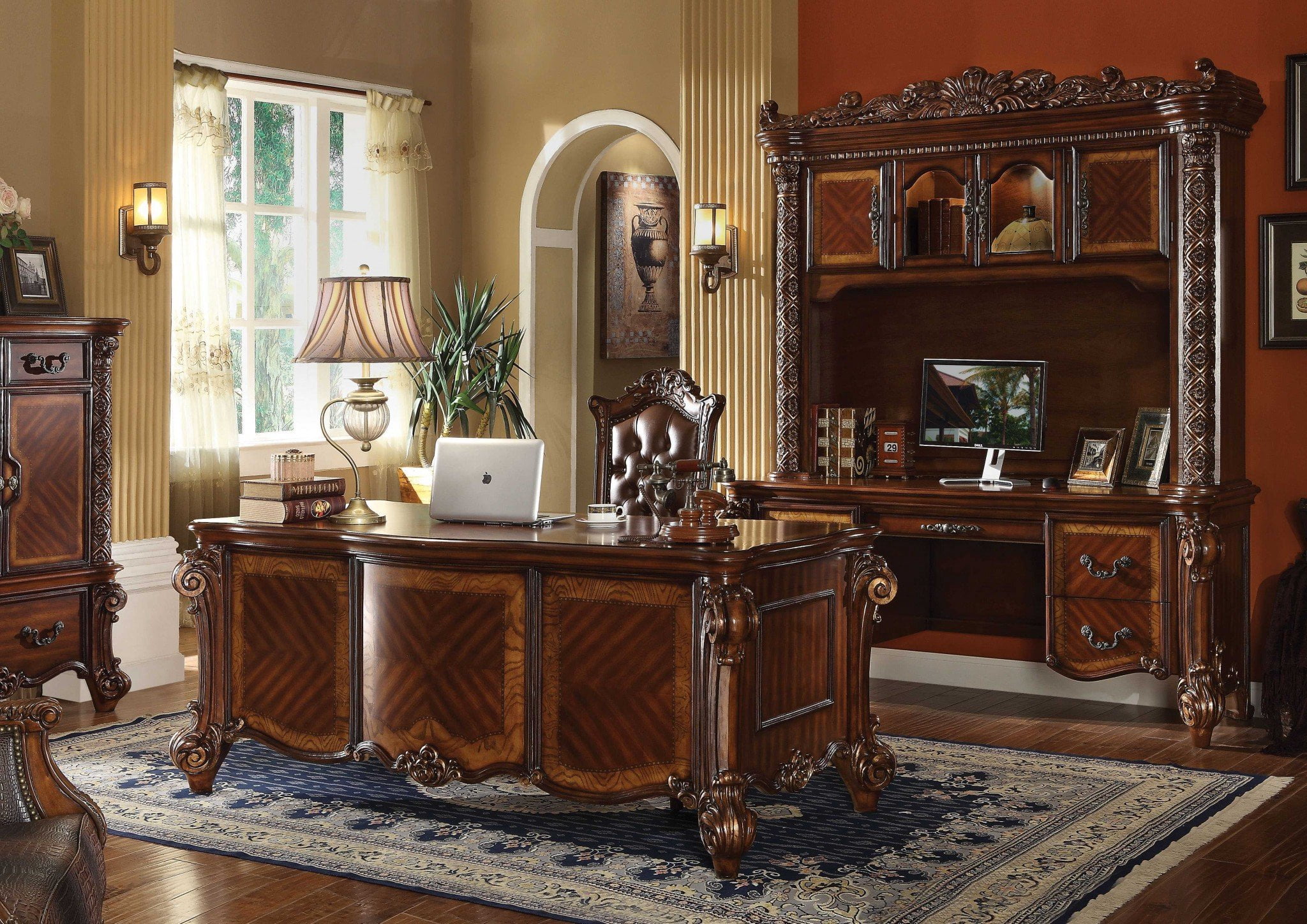 HomeRoots 348663 37 x 74 x 31 in. Cherry Wood Poly Resin Executive Desk