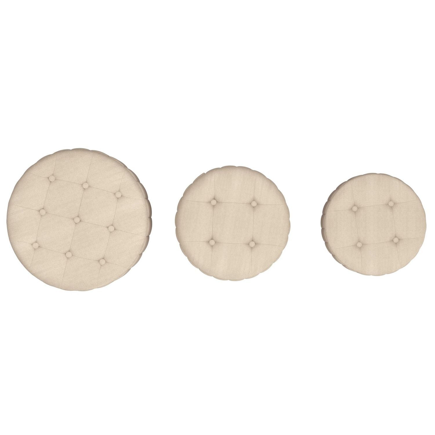 Ensemble de 3 ottomanes de rangement rondes modernes en tissu et en acier inoxydable – beige et noir