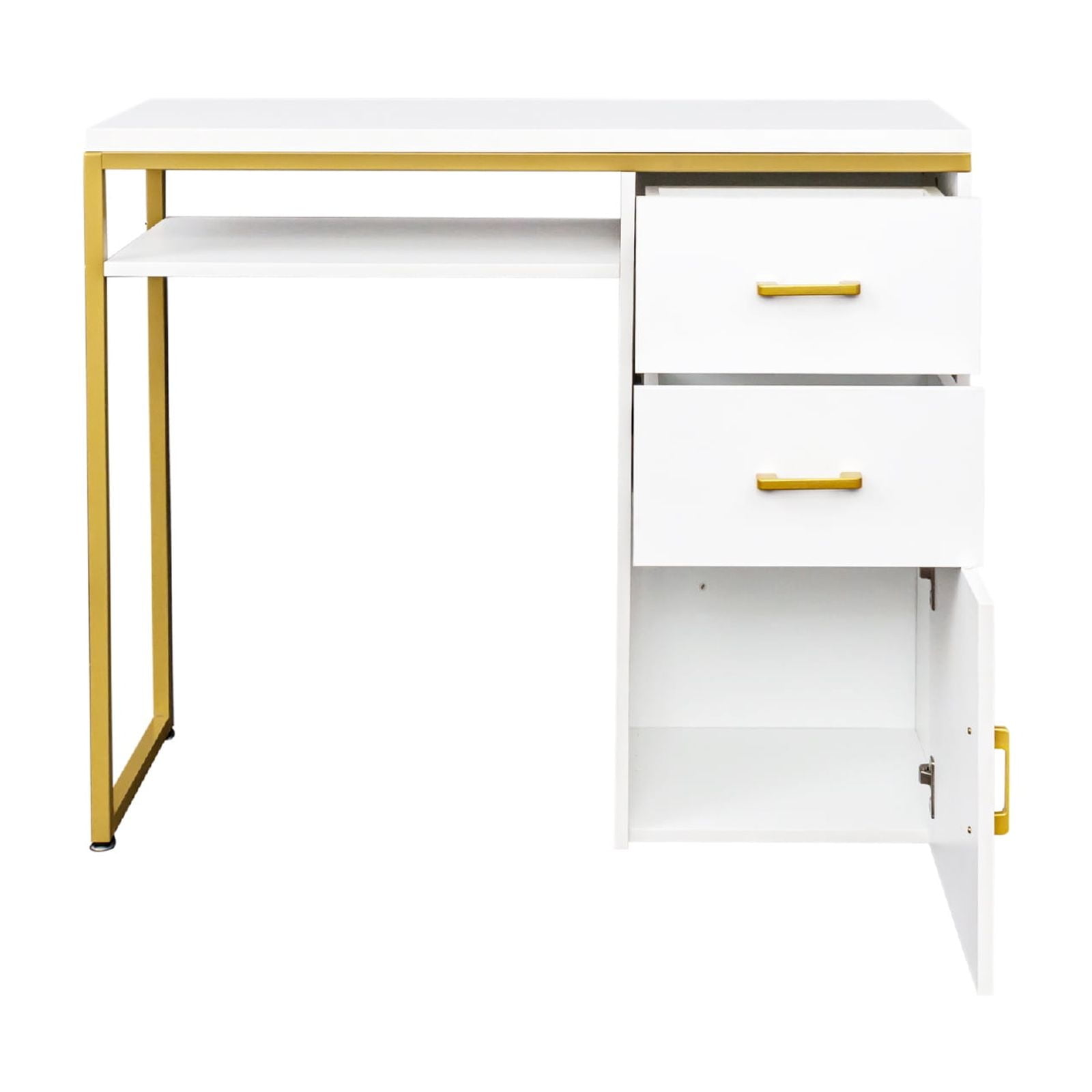Modern White Computer Desk with 2 Drawers & Storage Cabinet, Particle Board Top Iron Frame Home Office Study Writing Desk for Small Space