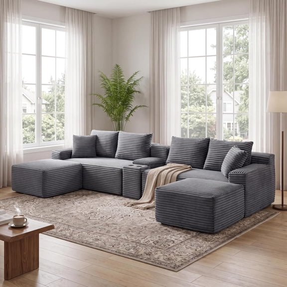 YWEN 127" Cloud Couch Sectional, Modular Sofa with Cup Holder, 2 Ottoman and USB Ports, Corduroy U Shaped Boneless Sofas, Couch in a Box, No Assembly Required, Couches for Living Room