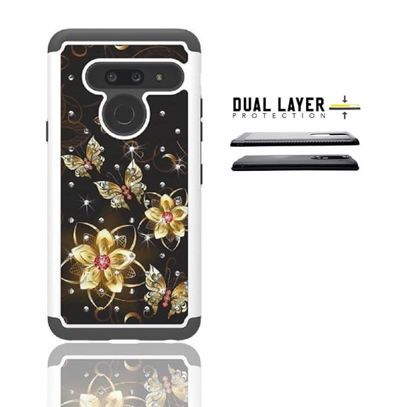 LG G8 ThinQ Case, Phone Case for LG G8 , Studded Rhinestone Crystal Bling Cover Case (Black-Gold Butterfly)