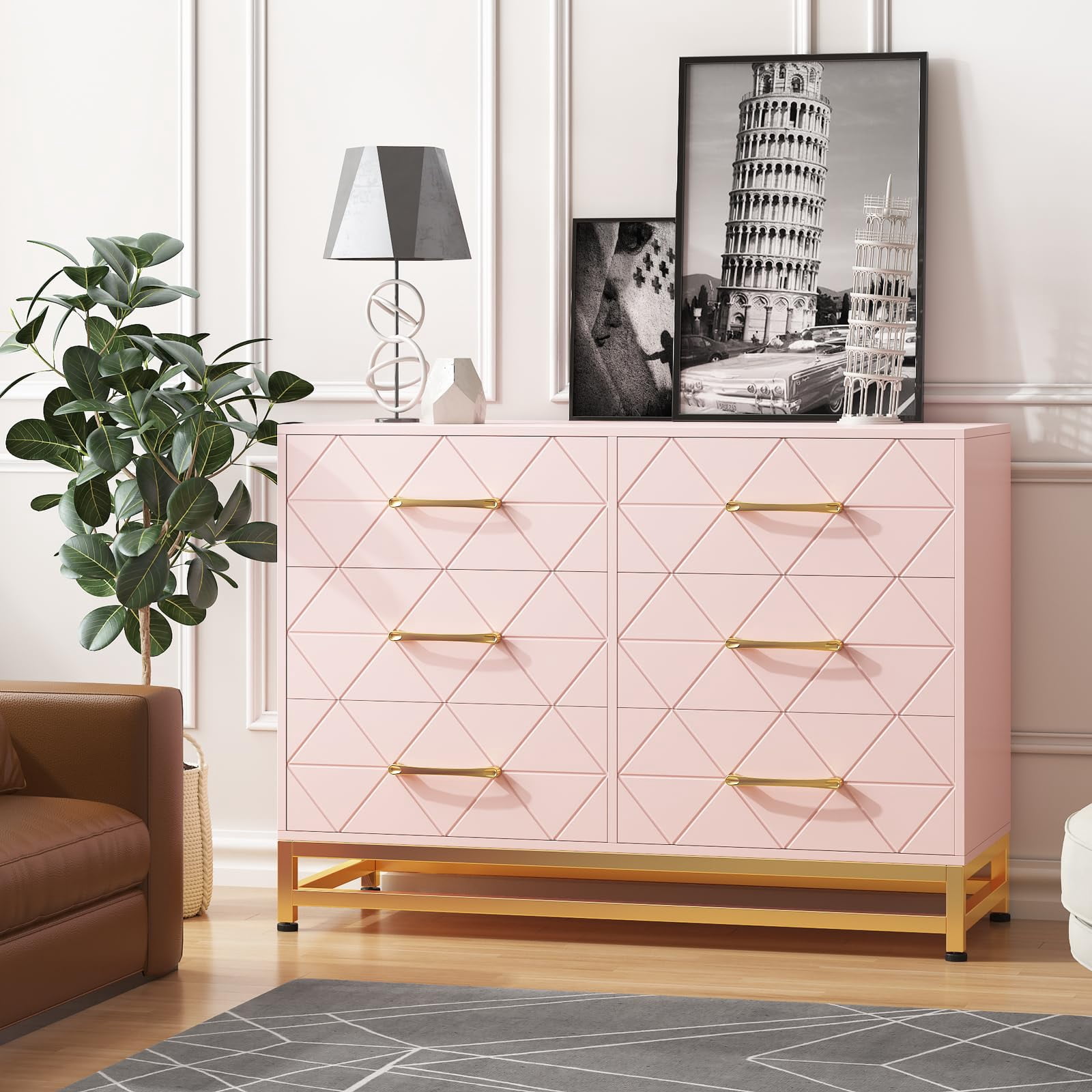 TROPOW Dressers & Chests of Drawers,6 Drawers Dresser for Bedroom, TV Stand Dressers Chest of Drawers for Living Room Hallway Entryway, Pink