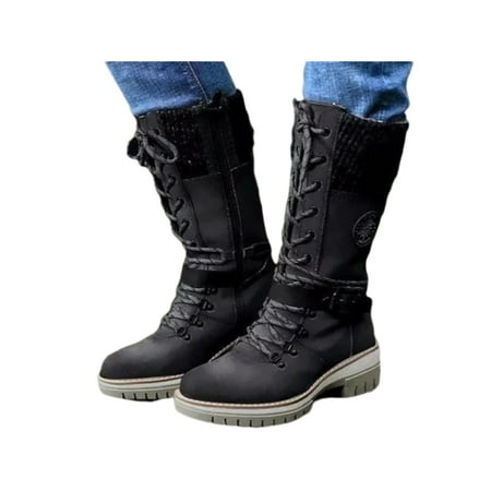 

GENILU Women s Knee High Lace Up Buckle Winter Combat Stacked Heel Riding Boots