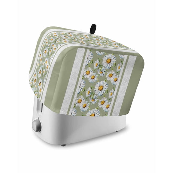 Sage Green Daisy Toaster Cover 4 Slice, Farmhouse Floral Green Striped Dustproof Bread Machine Oven Cover with Storage Pockets, Fits Most Kitchen Toasters Protector