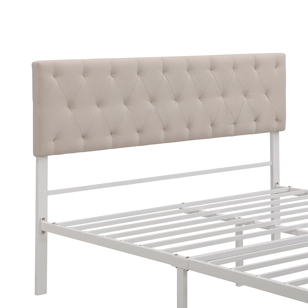 Queen Size Storage Bed, Metal Platform Bed with a Big Drawer, Beige