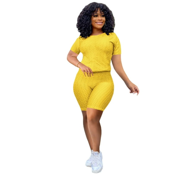 KOMOO 2Pc Women Sportswear Elastic Short Sleeve T-shirt Shorts Yoga Sports Fitness Suit Plus Size