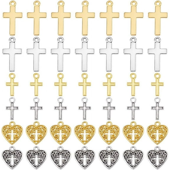 120Pcs 6 Style Alloy Pendants Cross & Heart with Cross Mixed Color 15.5~25x8.5~14x1~2mm Hole: 1.5~2mm 20pcs/style