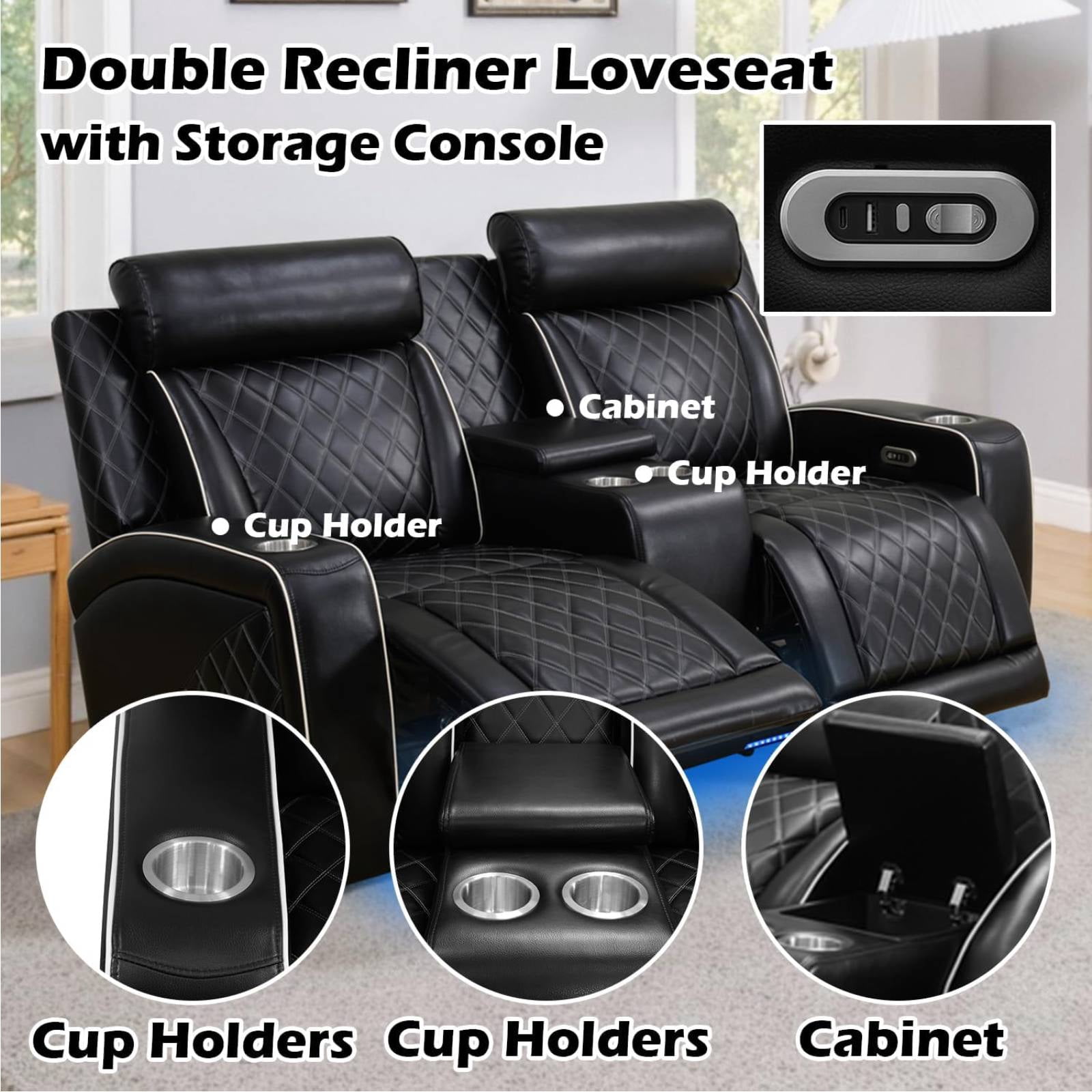 Electric Power Recliner Loveseat with USB Ports and Cup Holders, 3 Seater Leather Reline Couch Home Theater for Living Room, Black