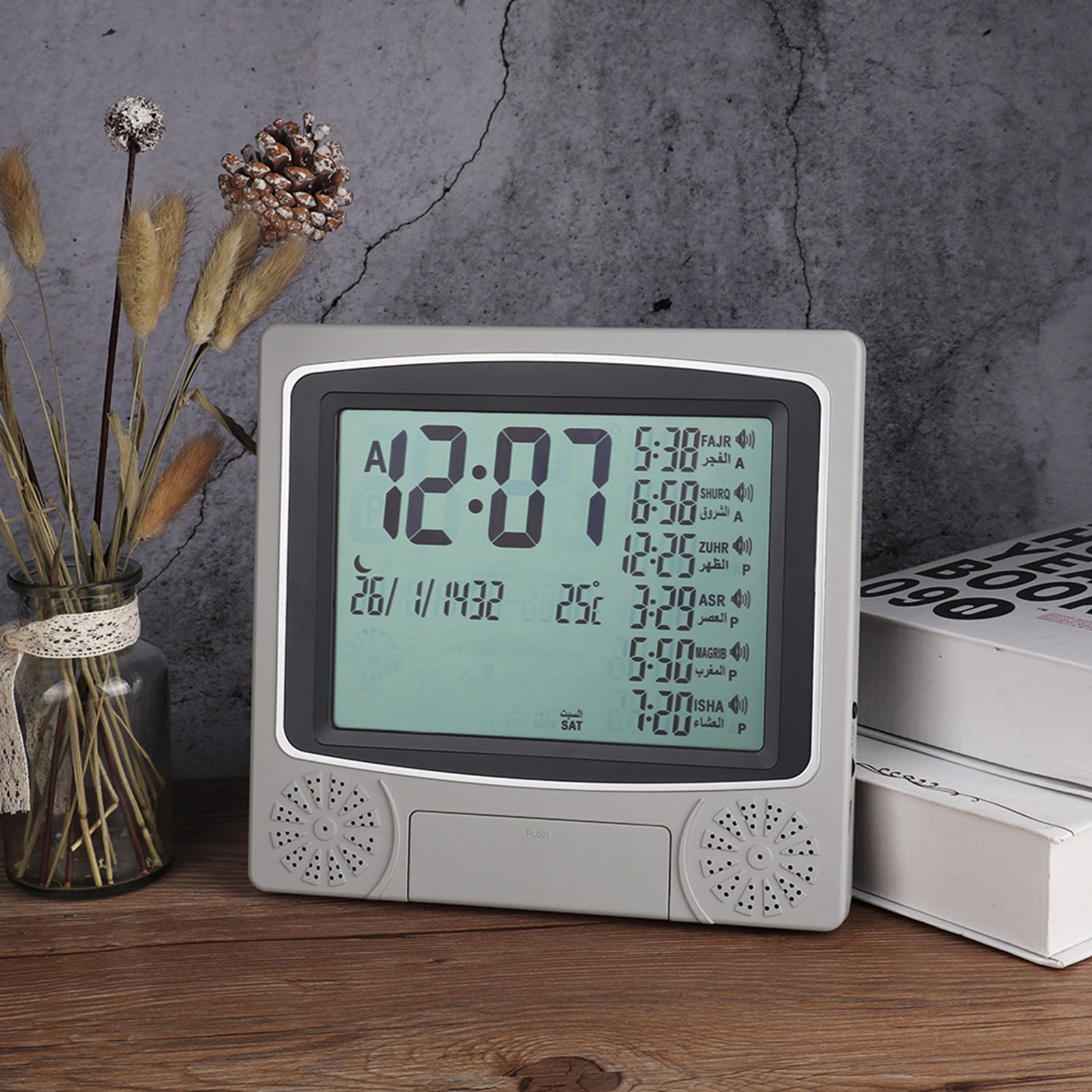 NFTIGB Digital Azan Clock Prayer Timer for Muslim Prayer with 1500 Cities World Time 9.3 x 8.9 inches / 23.5 x 22.5 cm Desktop Alarm Clock with Temperature and Calendar Display