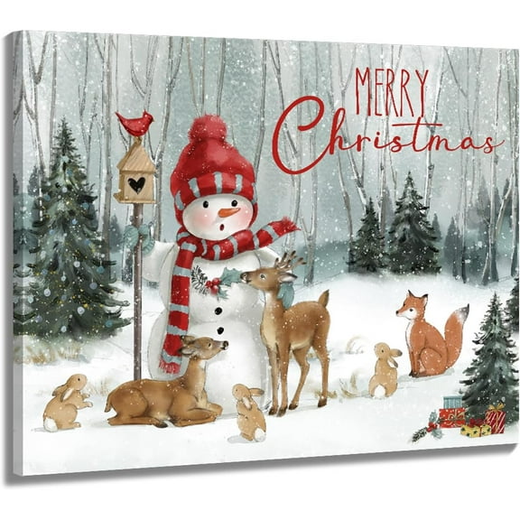 Snowman Christmas Pictures Wall Decor: Reindeer Wall Art Canvas Pictures Prints - Winter Scene Decorations Paintings Posters Artwork Indoor Farmhouse Unframed