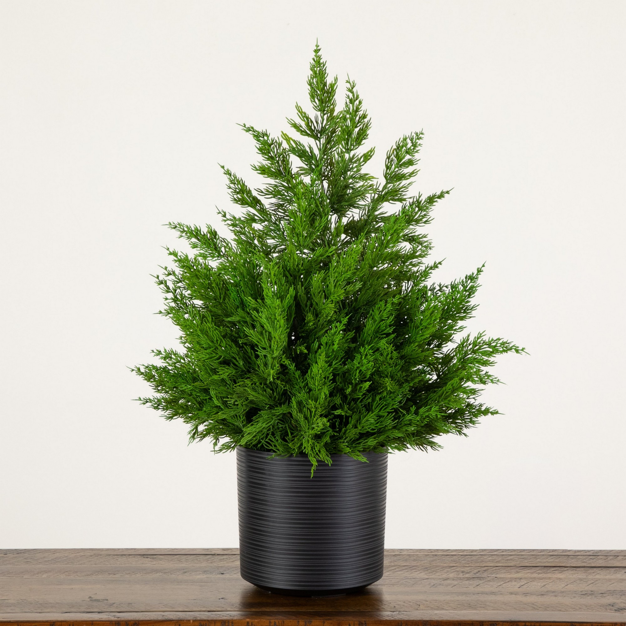28in. Artificial Real Touch Winter Cypress Bush in Black Decorative Planter
