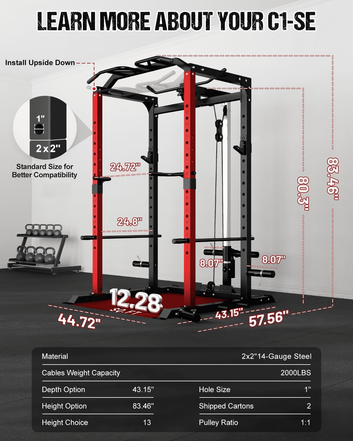 2000LBS Power Cage Squat Rack with LAT Pulldown System, Multi-Function Weight Cage Strength Training Machine, Home Gym Workout Cage with Multiple Attachments for Garage & Home Fitness