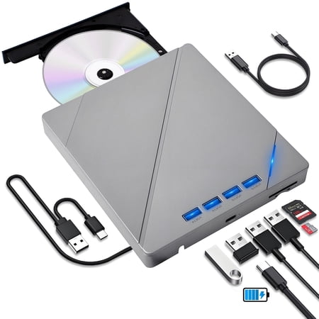 Atzeste External CD/DVD Drive for Laptop, USB 3.0 & Type-C Portable Burner Rewriter with 4 USB Ports, SD/TF Reader, Supports Windows 98/XP/Vista/7/8/10/11, Mac OS 8.6+, Linux