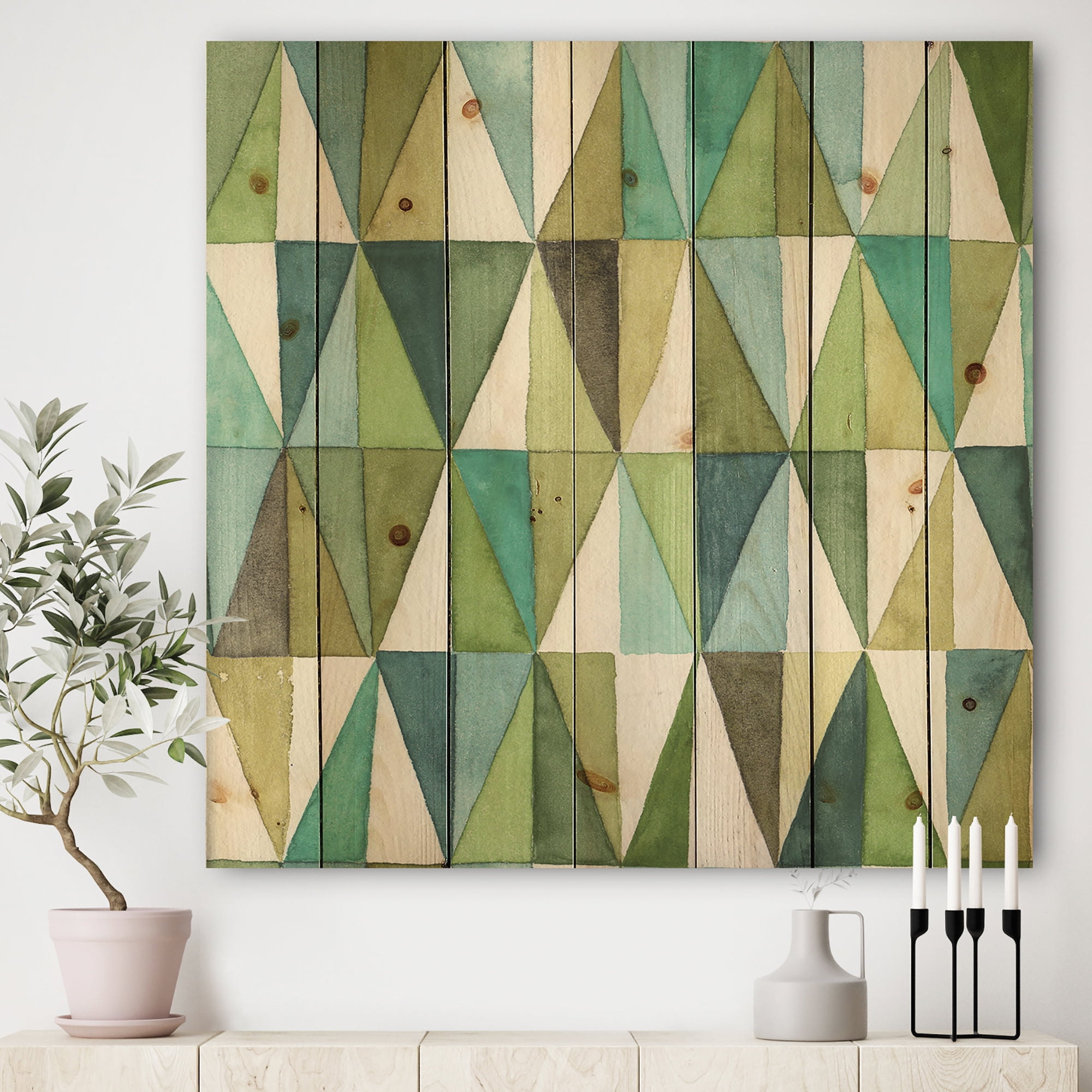 Designart 'Green Geometric Triangle III' Mid-Century Modern Transitional Print on Natural Pine Wood