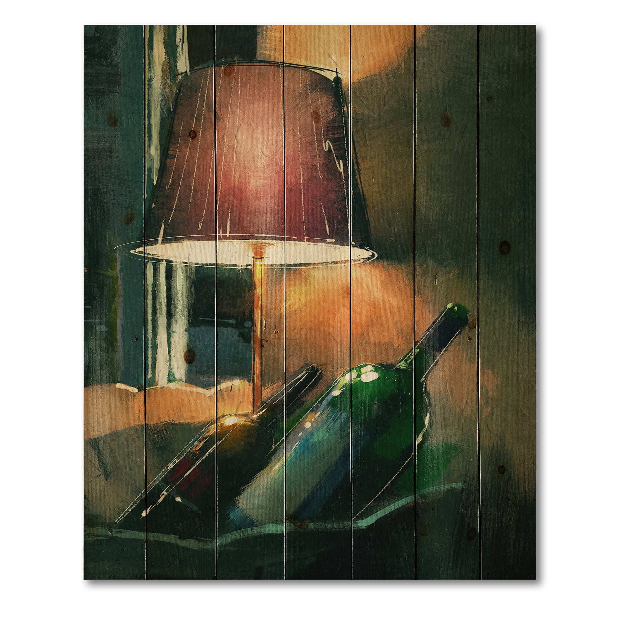 Designart 'Lamp Glowing Orange In The Night and Wine Bottles' Modern Print on Natural Pine Wood