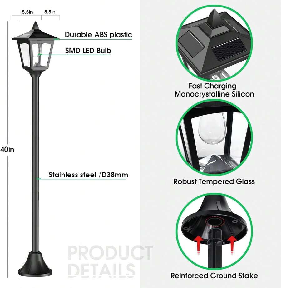 2-Pack 40" Solar Post Lights – Black Vintage LED Lamp Posts For Garden, Patio & Pathway Outdoor Décor