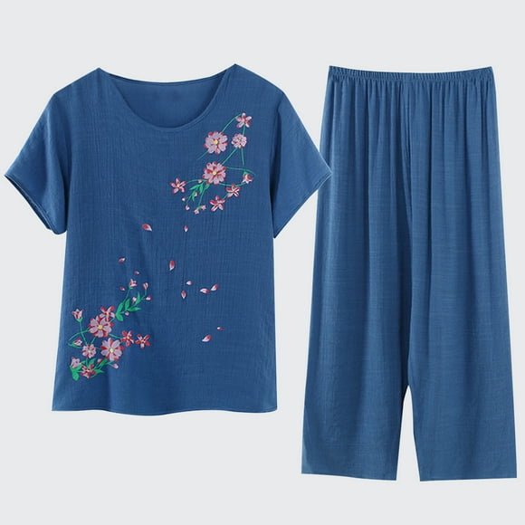 zanvin Femmes Mignon Vêtements de Nuit Tops avec Pantalon Pyjama Sets Manches Courtes Coton Pjs Sets, Bleu, XXXXL