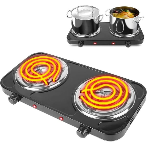 JahyShow Hot Plate, Double Burner, 2000W Portable Electric Stove Countertop Double Coil Burner Cast Iron Cooktop for All Cookwares Home