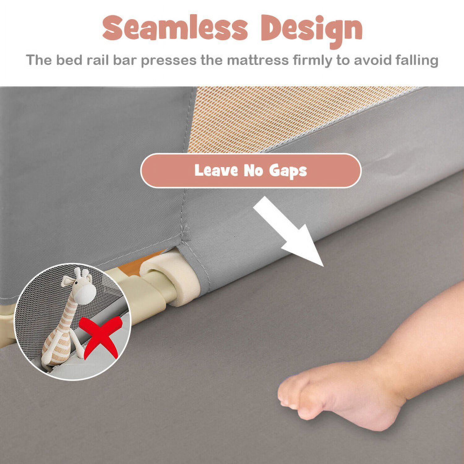 Resenkos Vertical Lifting Baby Bed Rail with Lock-L, Toddler Bed Bumper, Grey