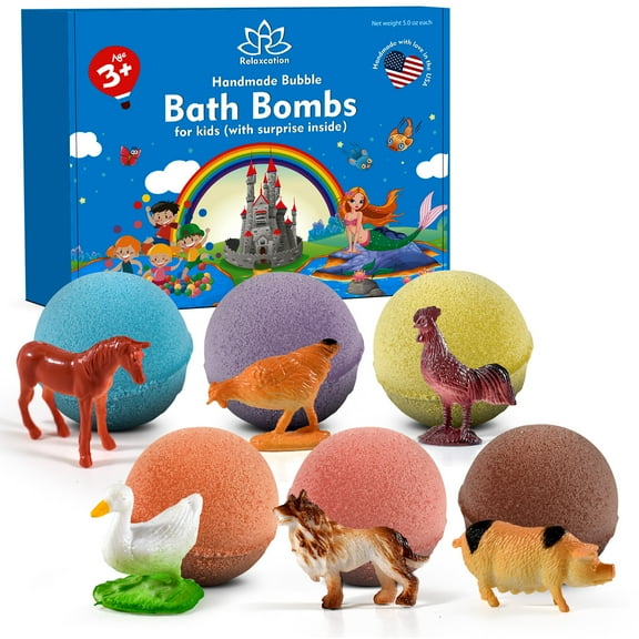 Bath Bombs for Kids with Surprise Inside Farm Animals Toys Handmade in USA Natural and Safe by Relaxcation