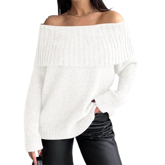 Long Sleeve Women's Off Shoulder Sweater Oversized Ribbed Knit Fall Tunic Pullover Top Cold Shoulder Pullover