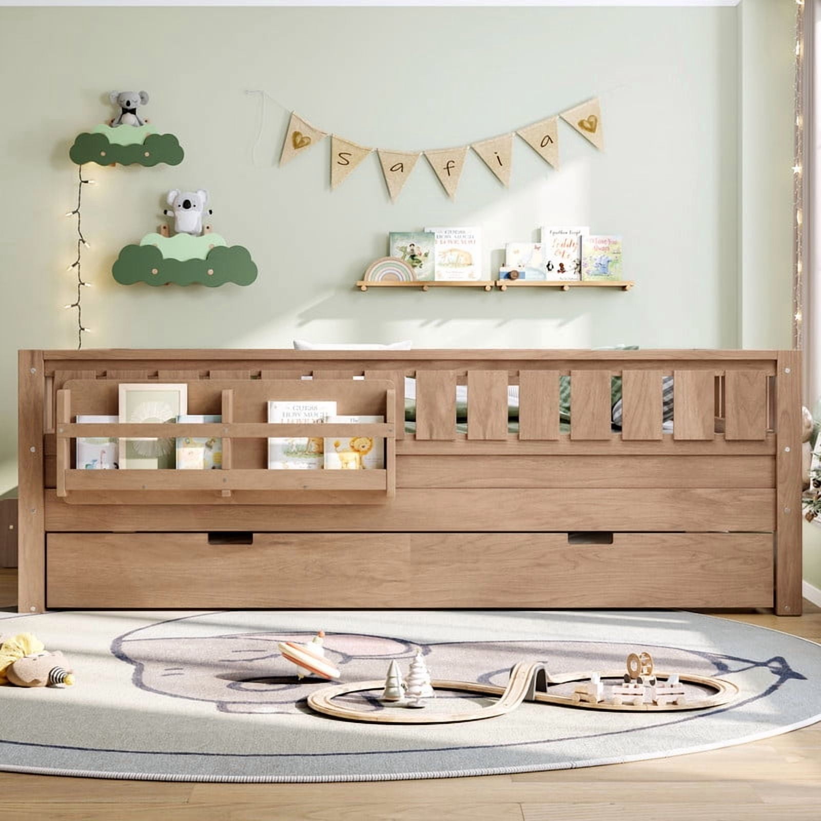 Full Size Low-Profile Kid's Platform Bed with Built-in Bookshelves & Small Staircase, Wooden Bed Frame with Safety Rails & Trundle