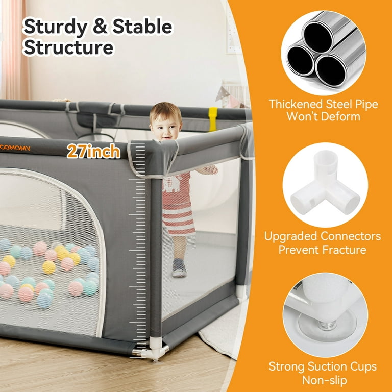 Baby Playpen, 63x63'' Large Baby Playard, Infant Activity Center with  Anti-Slip Base, Gray