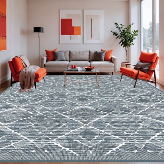 ODIKA 4'x6' Machine Washable Non-Slip Area Rug, Lattice Motif Contemporary High Traffic Rug, Gray, 232689