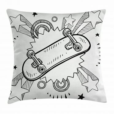 Doodle Throw Pillow Cushion Cover, Sketch of a Skateboard with Sixties and Seventies Style Pop Explosion Background, Decorative Square Accent Pillow Case, 18 X 18 Inches, Black White, by Ambesonne