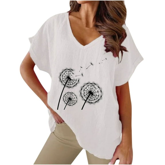 Diufon Printed Shirts for Women Casual V Neck Cotton Linen Tunics Short Sleeve Tee Tops