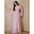 thumbnail image 5 of Pink Solid Color Bell Sleeve Ruffle Hem Flowy Maxi Dress For Women, 5 of 8